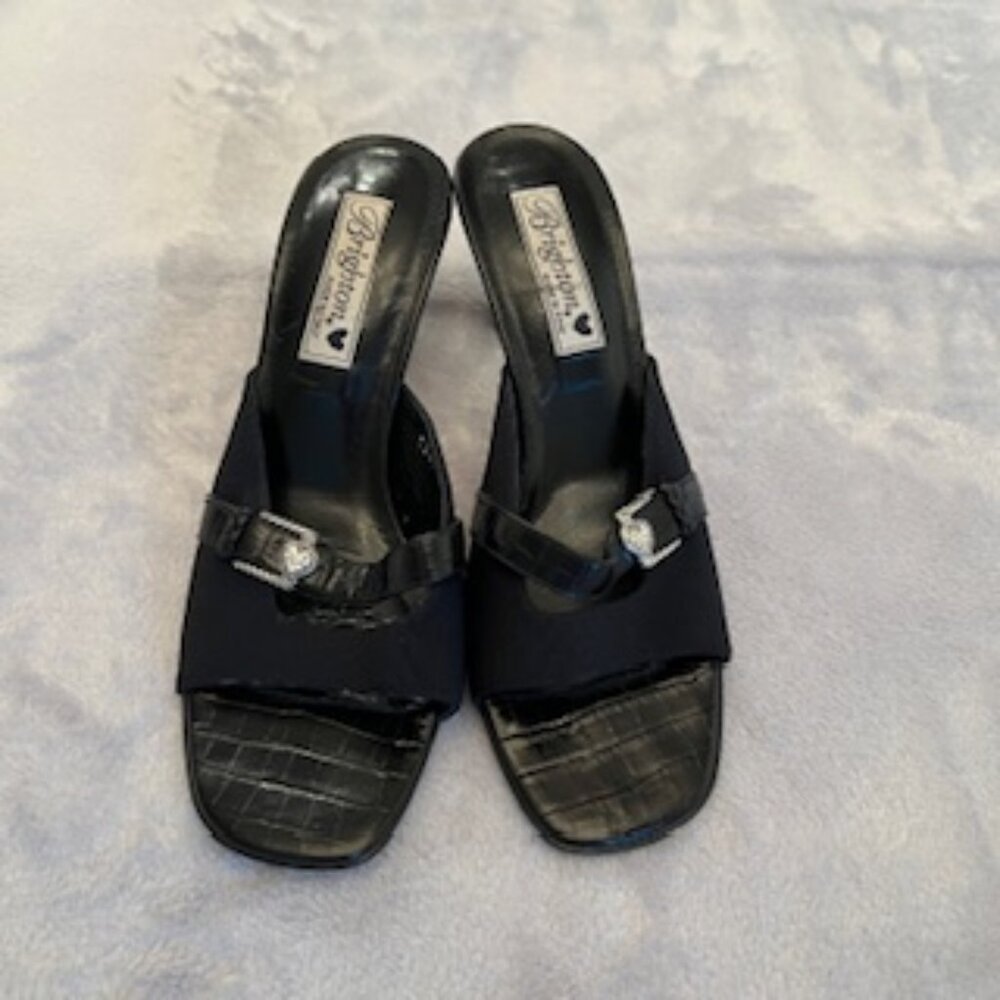 Brighton Black Croc Leather Mule Slip On Slide Sandal Mid Heel SquareToe 8 1/2